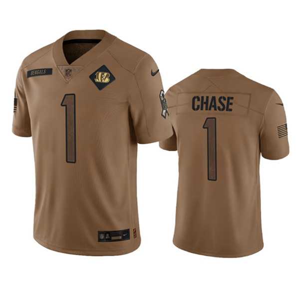 Mens Cincinnati Bengals #1 JaMarr Chase 2023 Brown Salute To Service Limited Football Stitched Jersey Dyin->cincinnati bengals->NFL Jersey